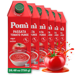 Pomì Passata tomato puree bottle shows creamy texture for pasta sauces.