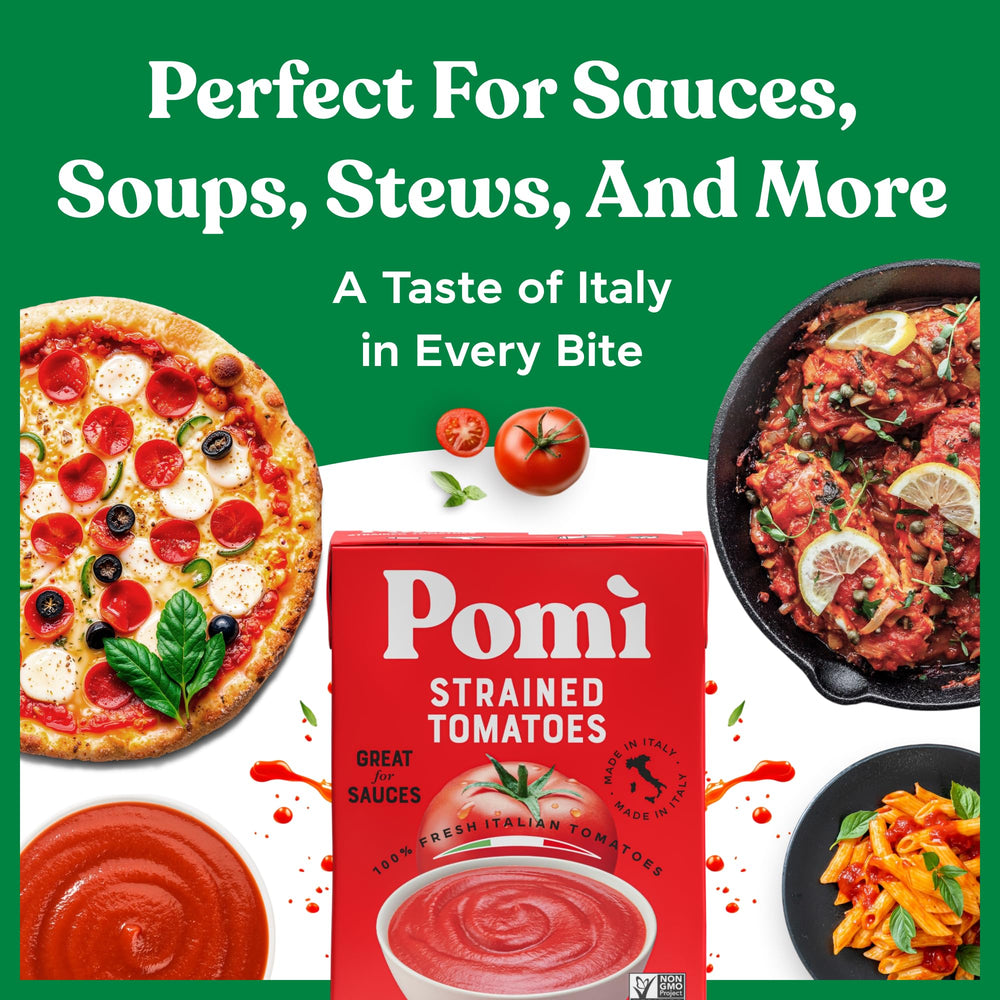 Pomi Strained Tomatoes BPA-free carton indicates safe packaging for storage.