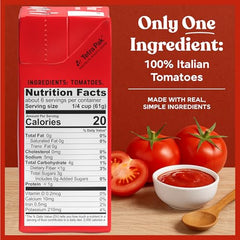 Pomi Strained Tomatoes carton-open image with creamy puree ready to blend into sauces.