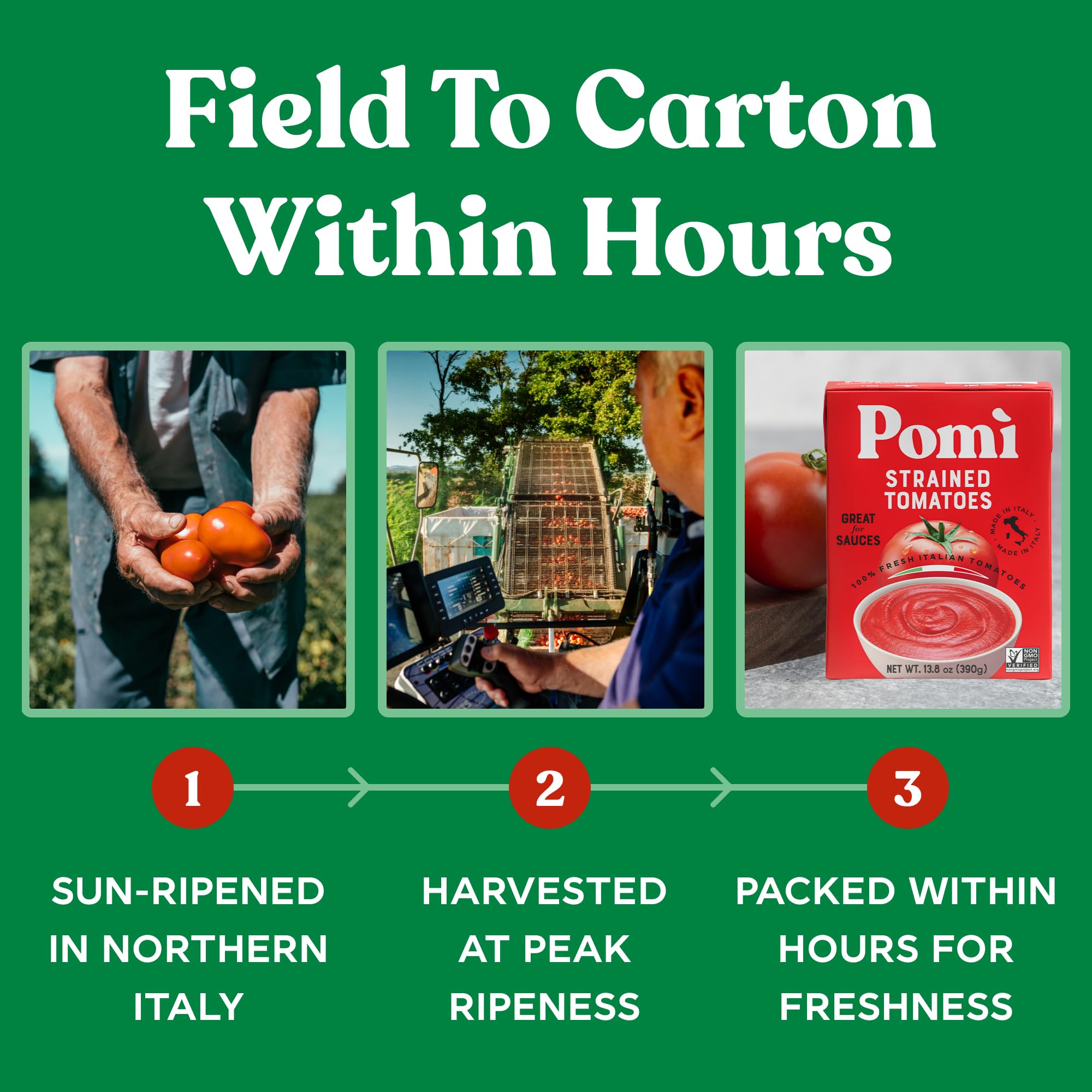 Pomi Strained Tomatoes label-organic-kosher highlights organic, kosher, gluten-free attributes.