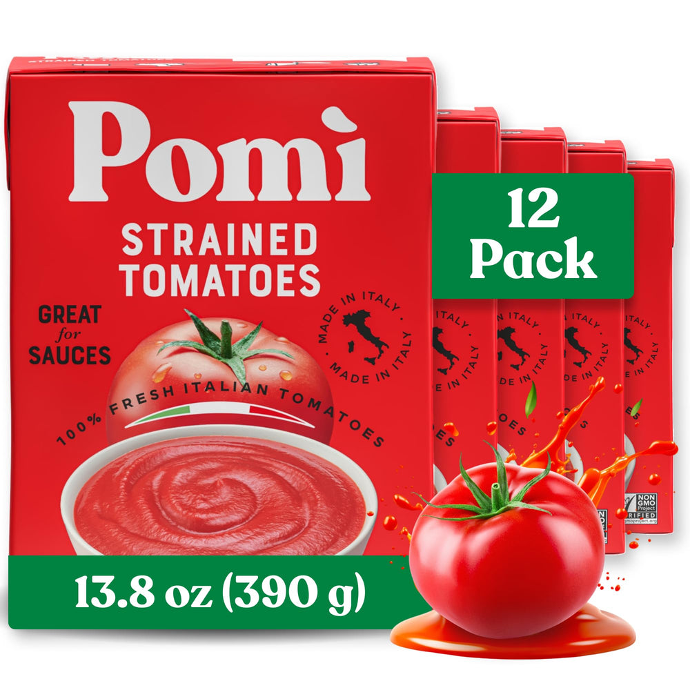 Pomi Strained Tomatoes pack shot showing a 12-pack for easy meal prep.
