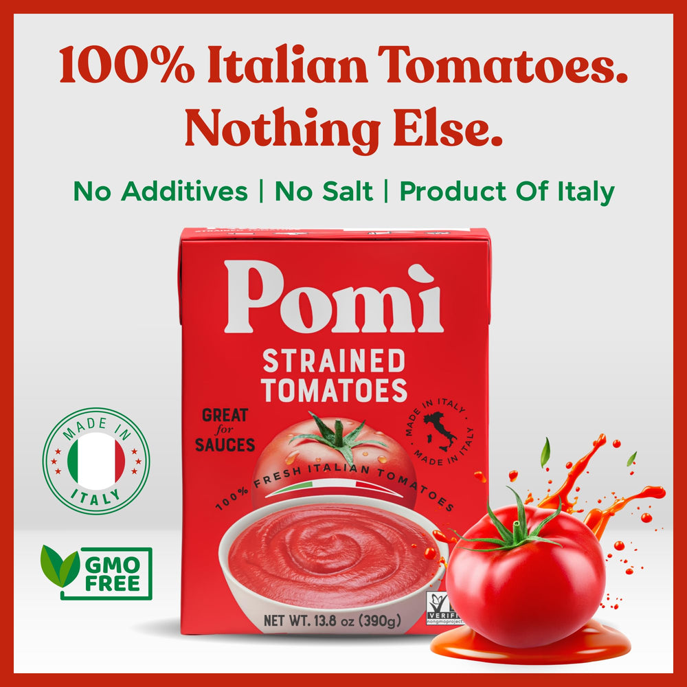 Pomi Strained Tomatoes texture-close-up reveals silky puree for quick sauces.