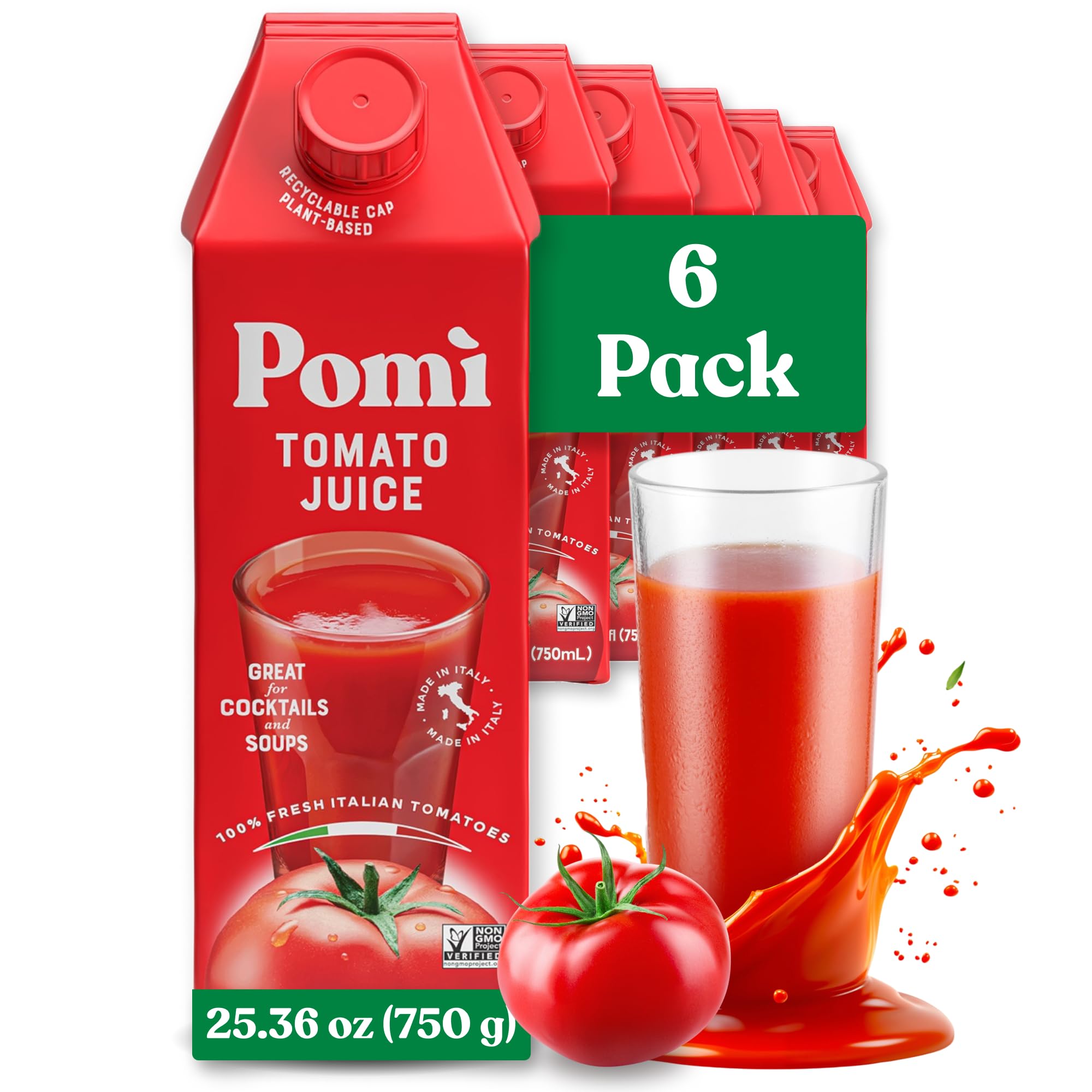 Pomi Tomato Juice bottle displays authentic Italian flavor for soups and meals.