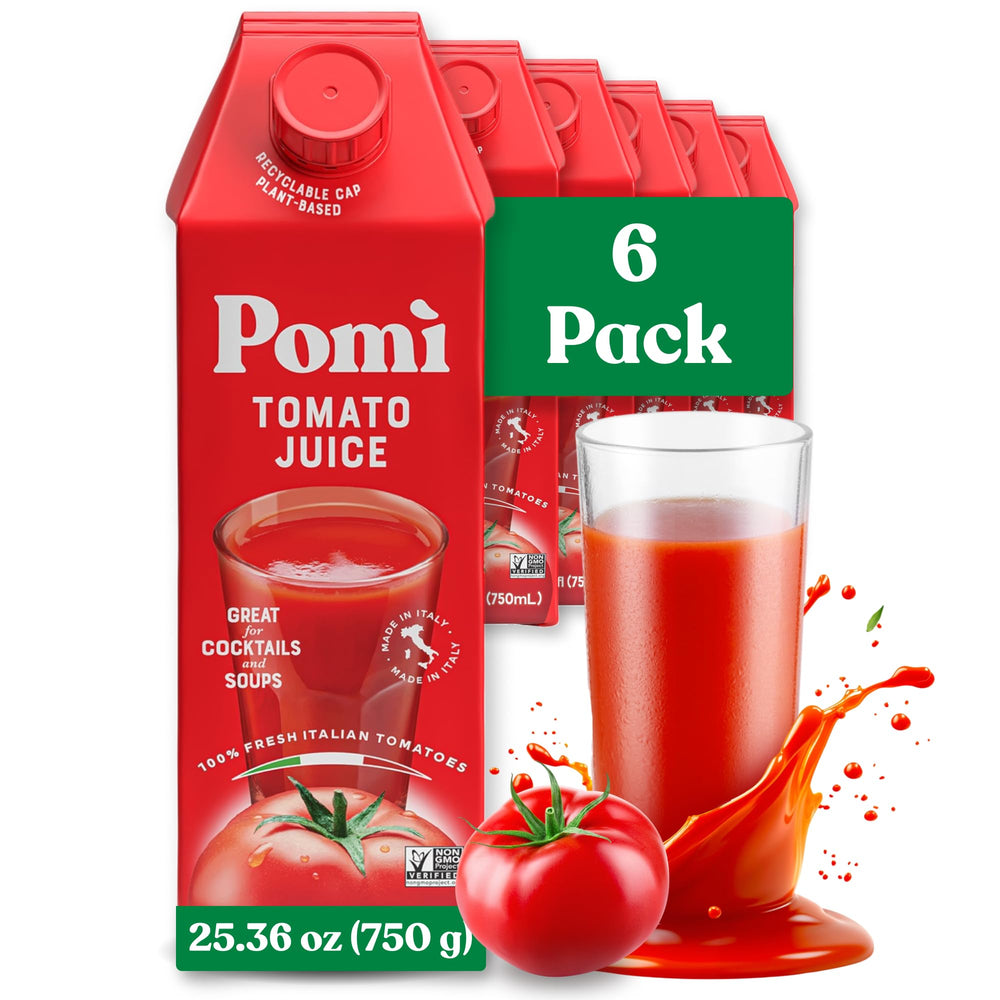 Pomi Tomato Juice bottle displays authentic Italian flavor for soups and meals.
