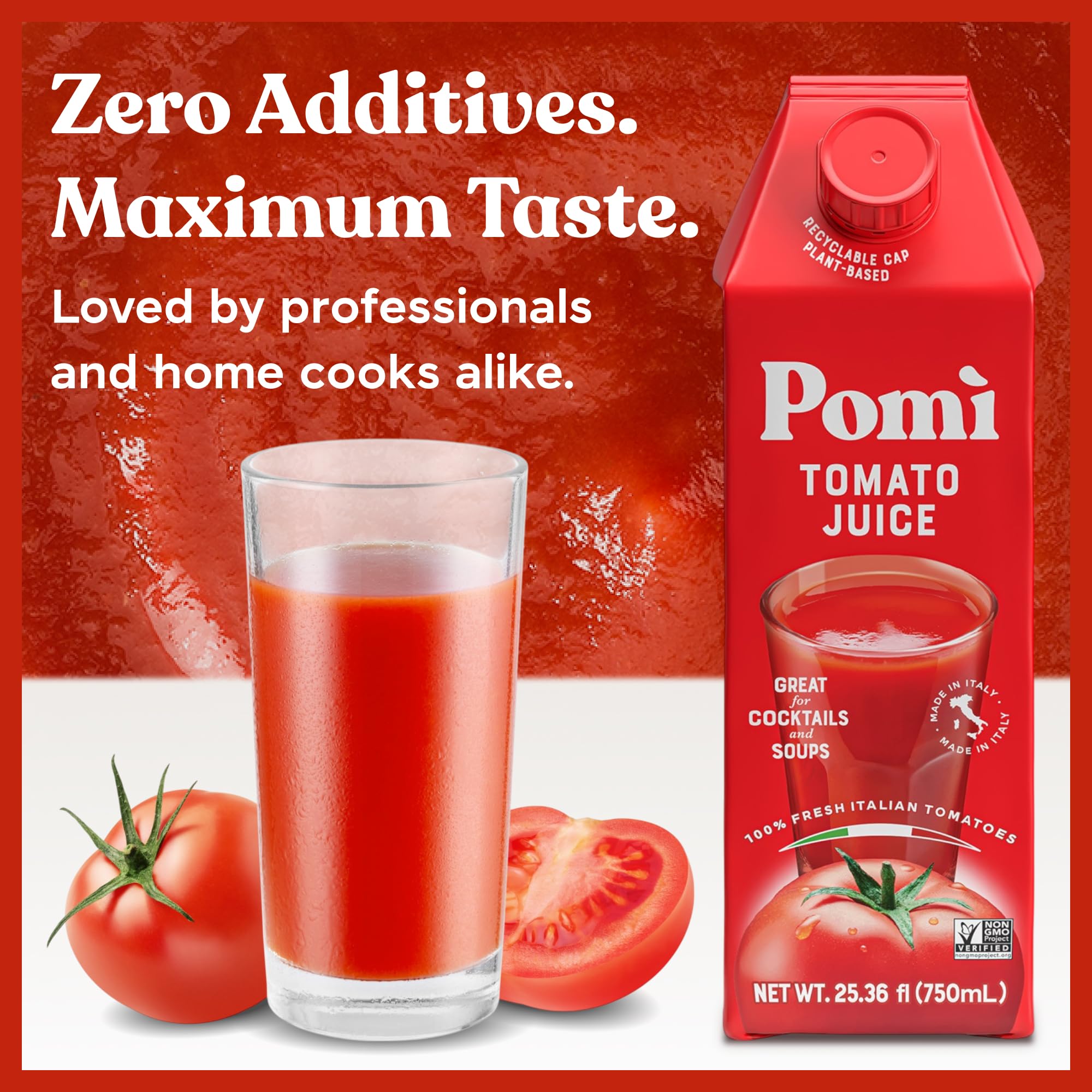 Pomi Tomato Juice label close-up highlights fresh Italian tomatoes.