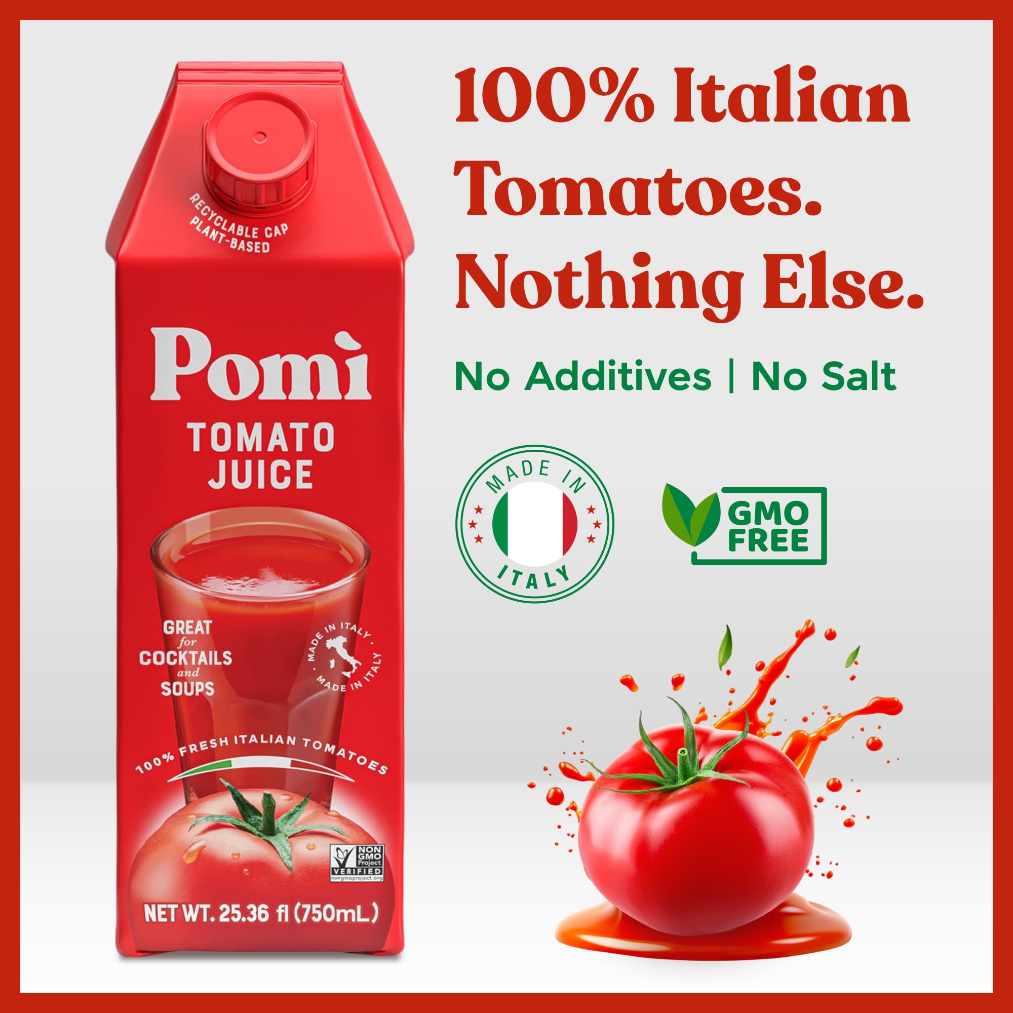 Pomi Tomato Juice six-pack display offers convenient, gluten-free option for families.