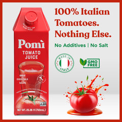 Pomi Tomato Juice six-pack display offers convenient, gluten-free option for families.