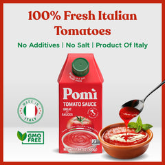 Pomì Tomato Sauce label close-up highlights authentic Italian flavor.