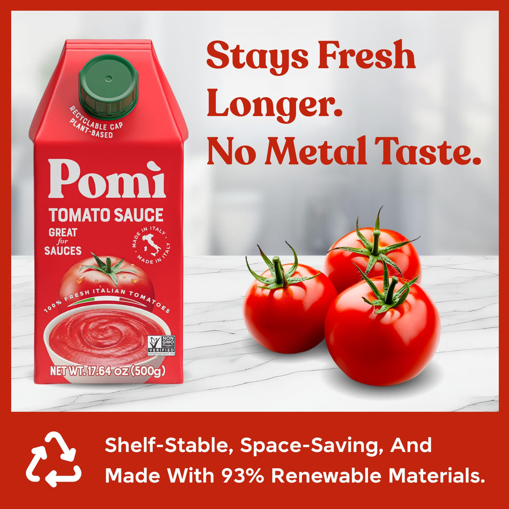 Pomì Tomato Sauce pantry-ready BPA-free cartons for easy storage.