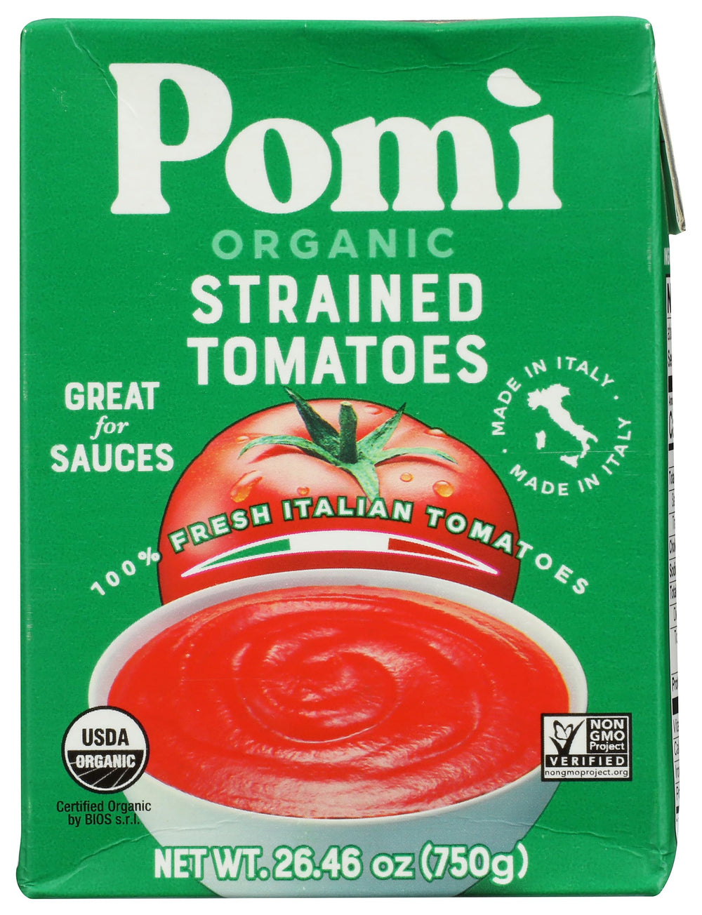 Pomi Tomatoes Strained Organic bottle front shows a smooth base for sauces
