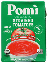 Pomi Tomatoes Strained Organic bottle front shows a smooth base for sauces