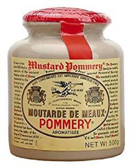 Pommery Meaux Mustard in a pottery crock, ideal for gourmet sandwiches and sauces.