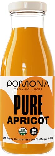 Pouring Pomona Apricot Juice into a glass for a natural, single-ingredient drink.
