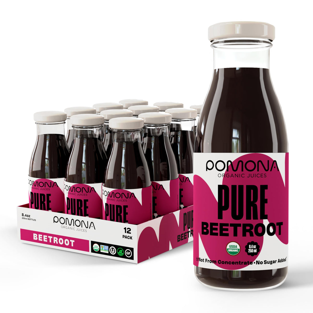 Pomona Organic Beet Juice bottle on shelf, convenient 8.4 oz glass for everyday refreshment.