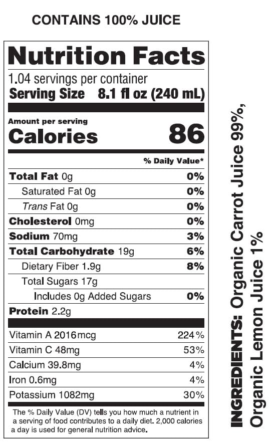 Pomona Organic Carrot Juice bottle closeup highlights 99% carrots and 1% lemon.