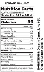 Pomona Organic Carrot Juice bottle closeup highlights 99% carrots and 1% lemon.