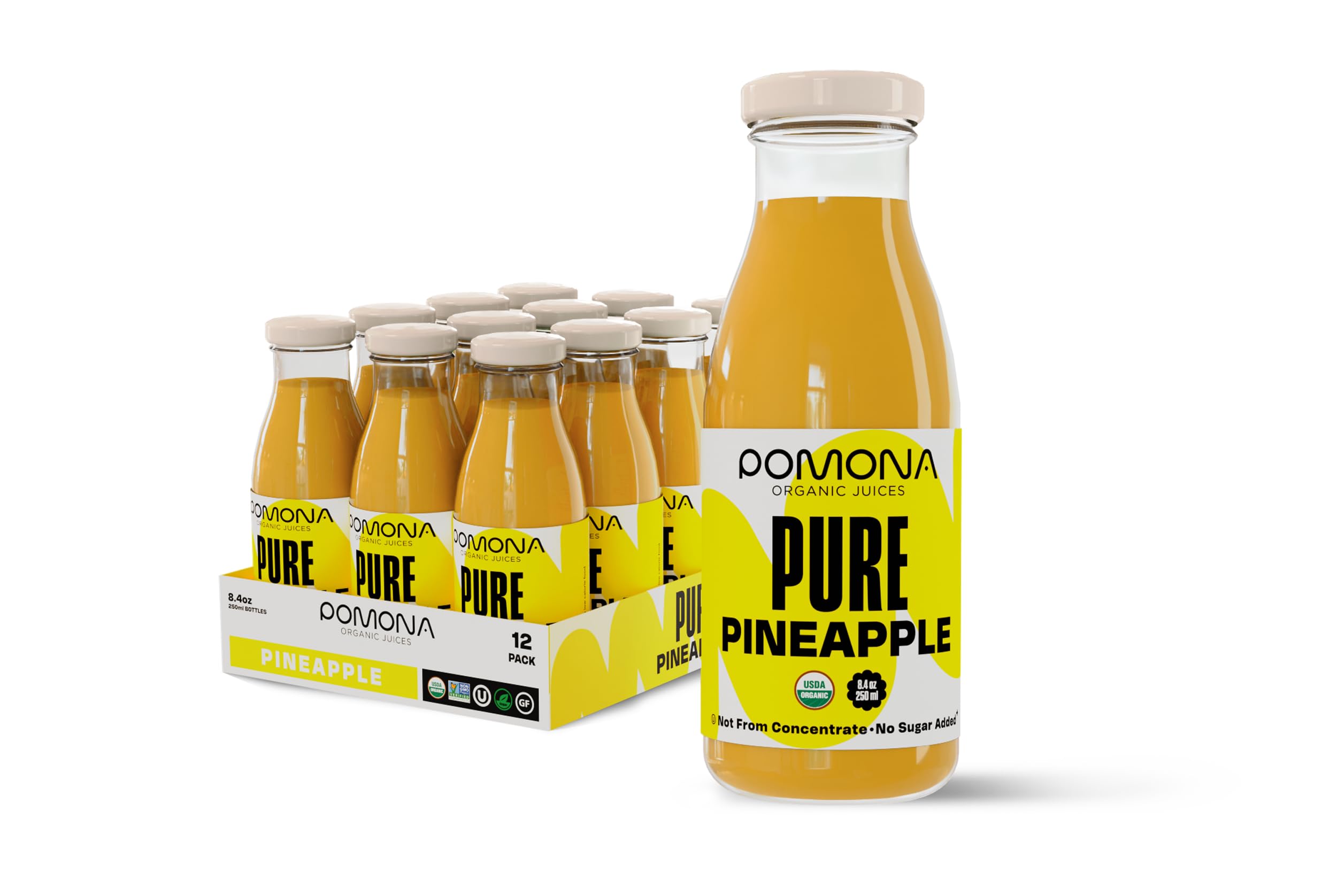 Pomona Organic Juices pineapple juice 8.4 oz bottle pack, ideal for on-the-go refreshment.