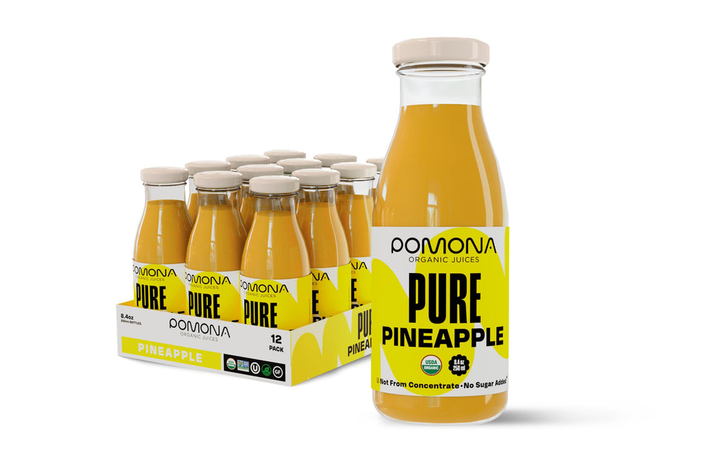 Pomona Organic Juices pineapple juice 8.4 oz bottle pack, ideal for on-the-go refreshment.