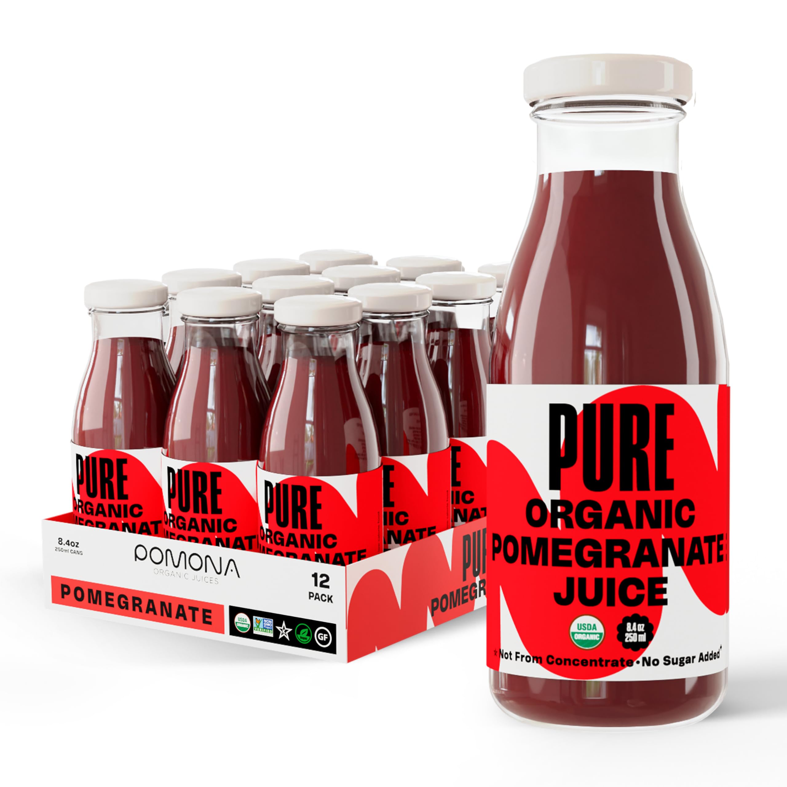 Pomona Organic Pomegranate Juice bottle close up, ready to enjoy on the go