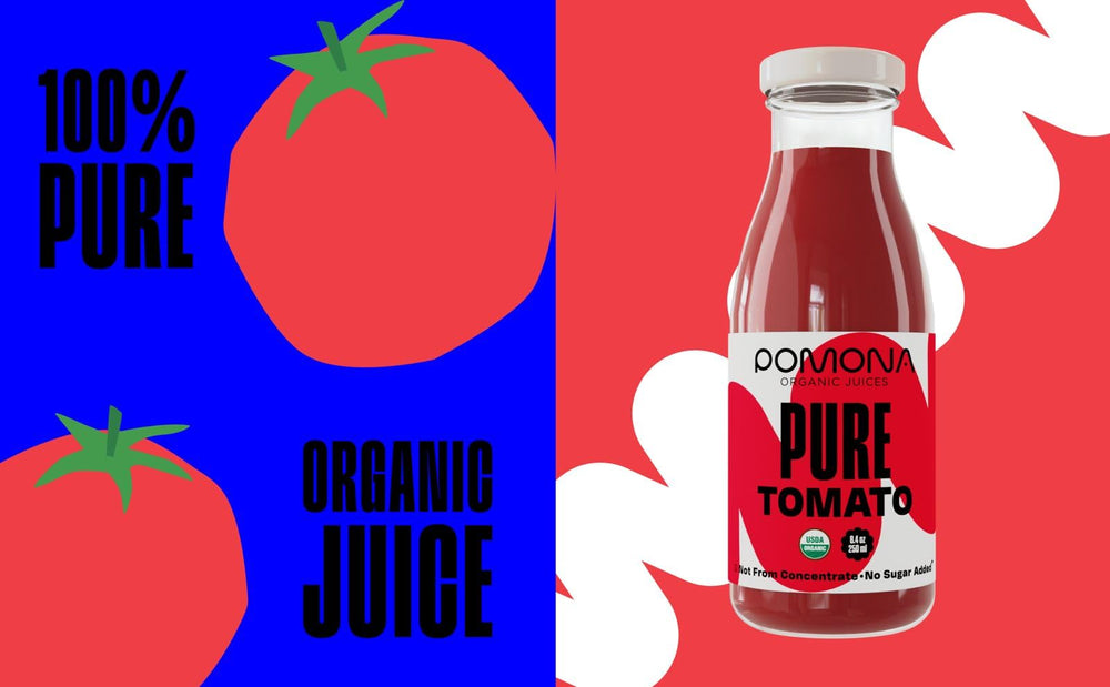 Pomona Organic Juices tomato juice being poured into a glass for drinks