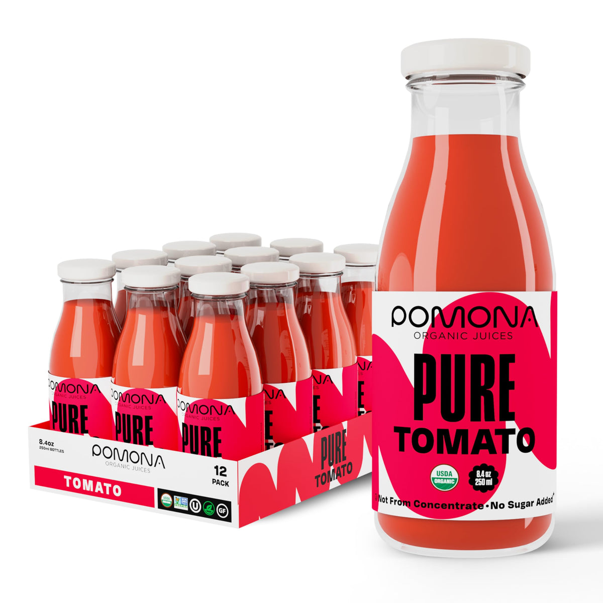 Pomona Organic Juices tomato juice bottle ready for everyday sipping
