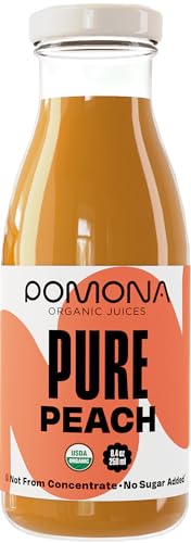 Pomona Organic Peach Juice 12-pack of glass bottles ready for serving