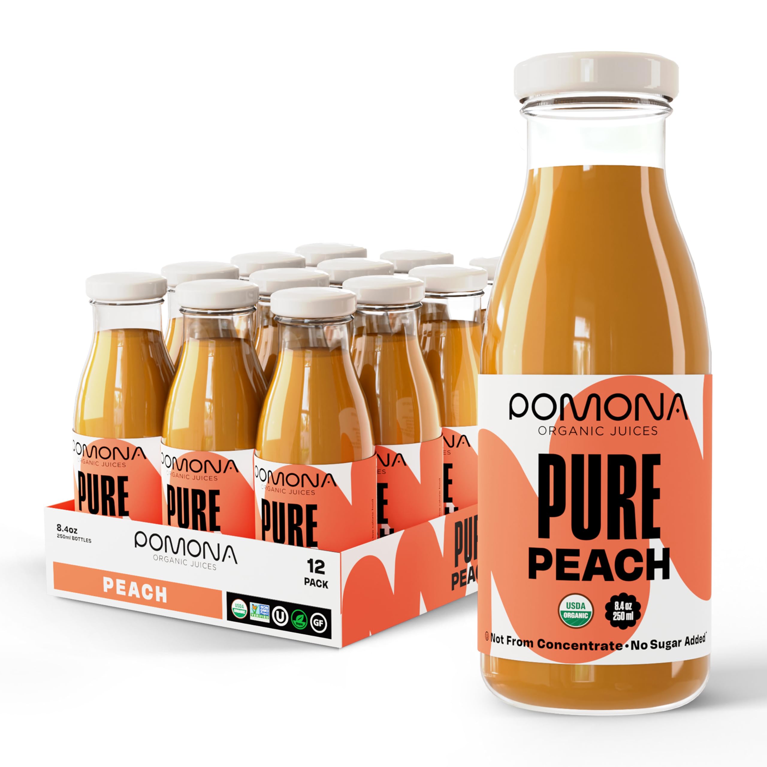 Pomona Organic Peach Juice bottle showing 100% peach flavor for refreshing hydration