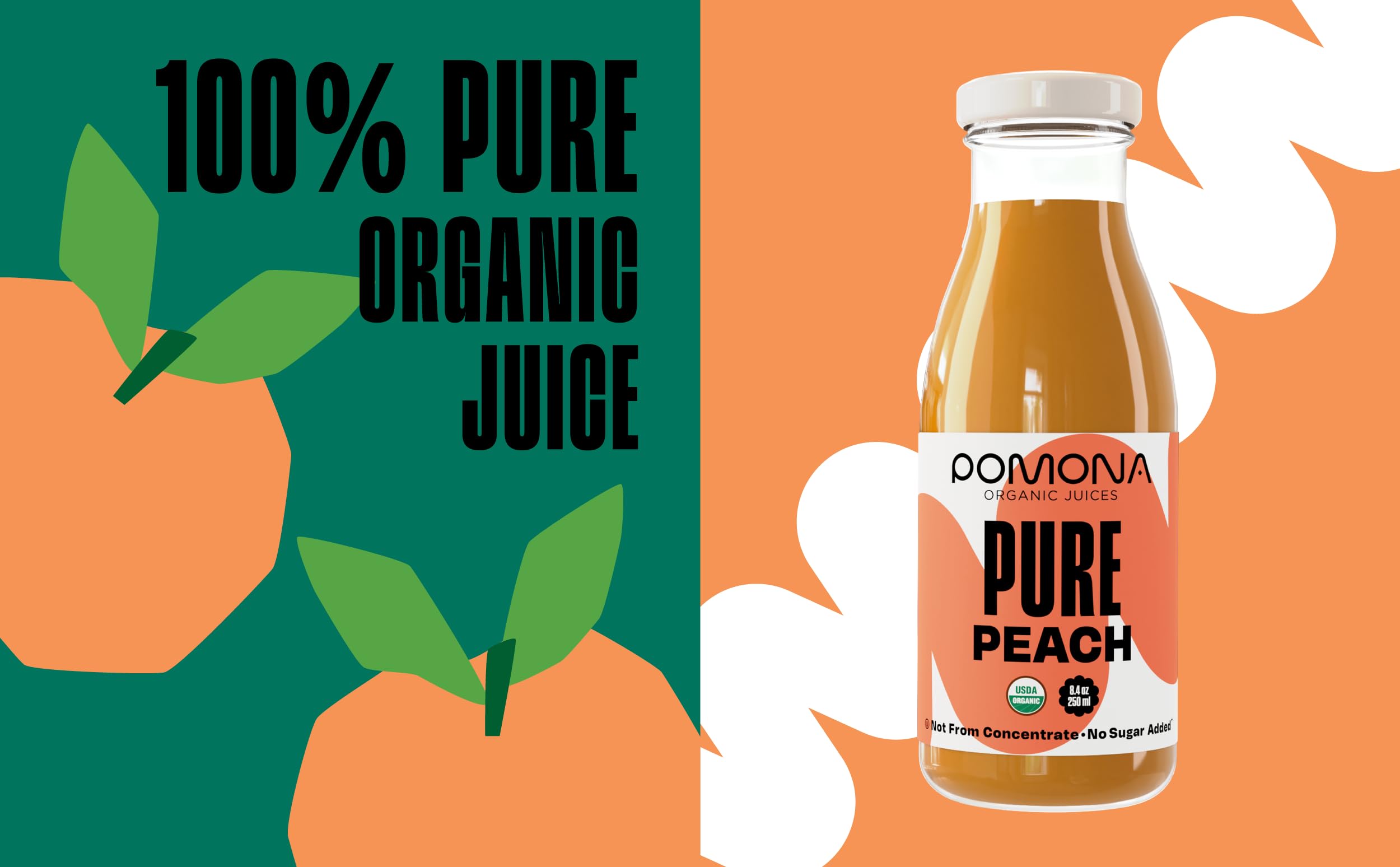 Pomona Organic Peach Juice label closeup highlighting organic peaches