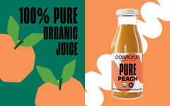 Pomona Organic Peach Juice label closeup highlighting organic peaches