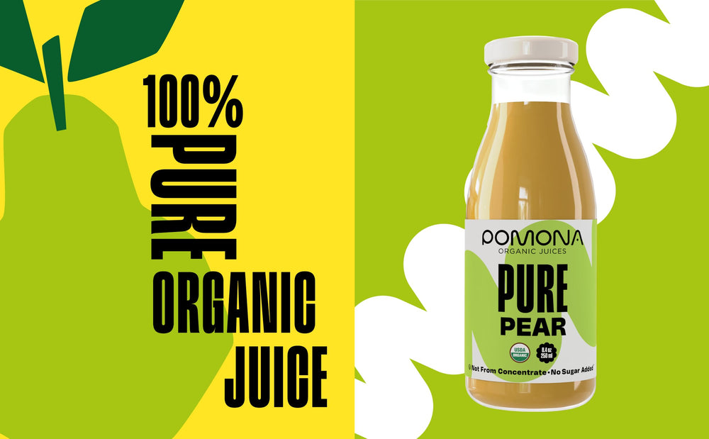 Pomona Organic Pear Juice bottle back, ready to pair with sparkling water or smoothies.