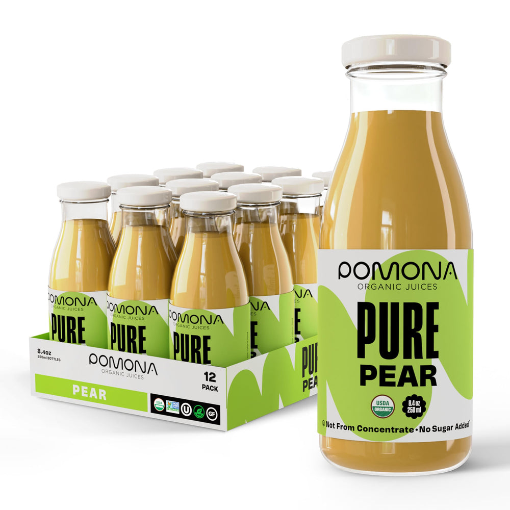 Pomona Organic Pear Juice bottle front view highlighting pure, single-ingredient juice.