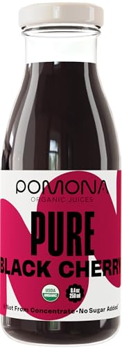 Close-up of Pomona Organic Pure Black Cherry juice highlighting pure cherry ingredients.