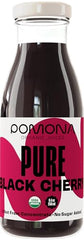 Close-up of Pomona Organic Pure Black Cherry juice highlighting pure cherry ingredients.