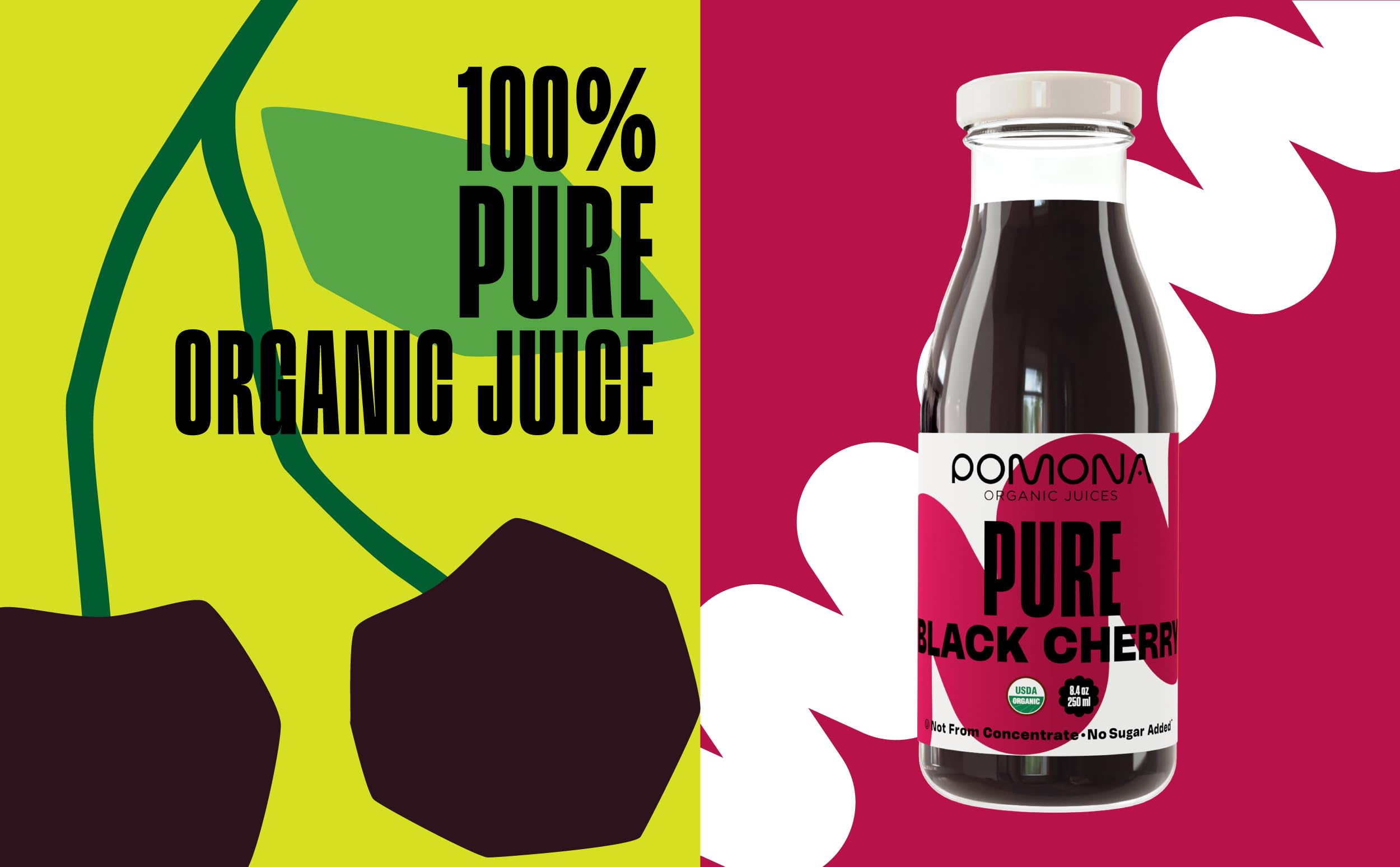 12-pack glass bottles of Pomona Organic Pure Black Cherry juice for easy on-the-go.