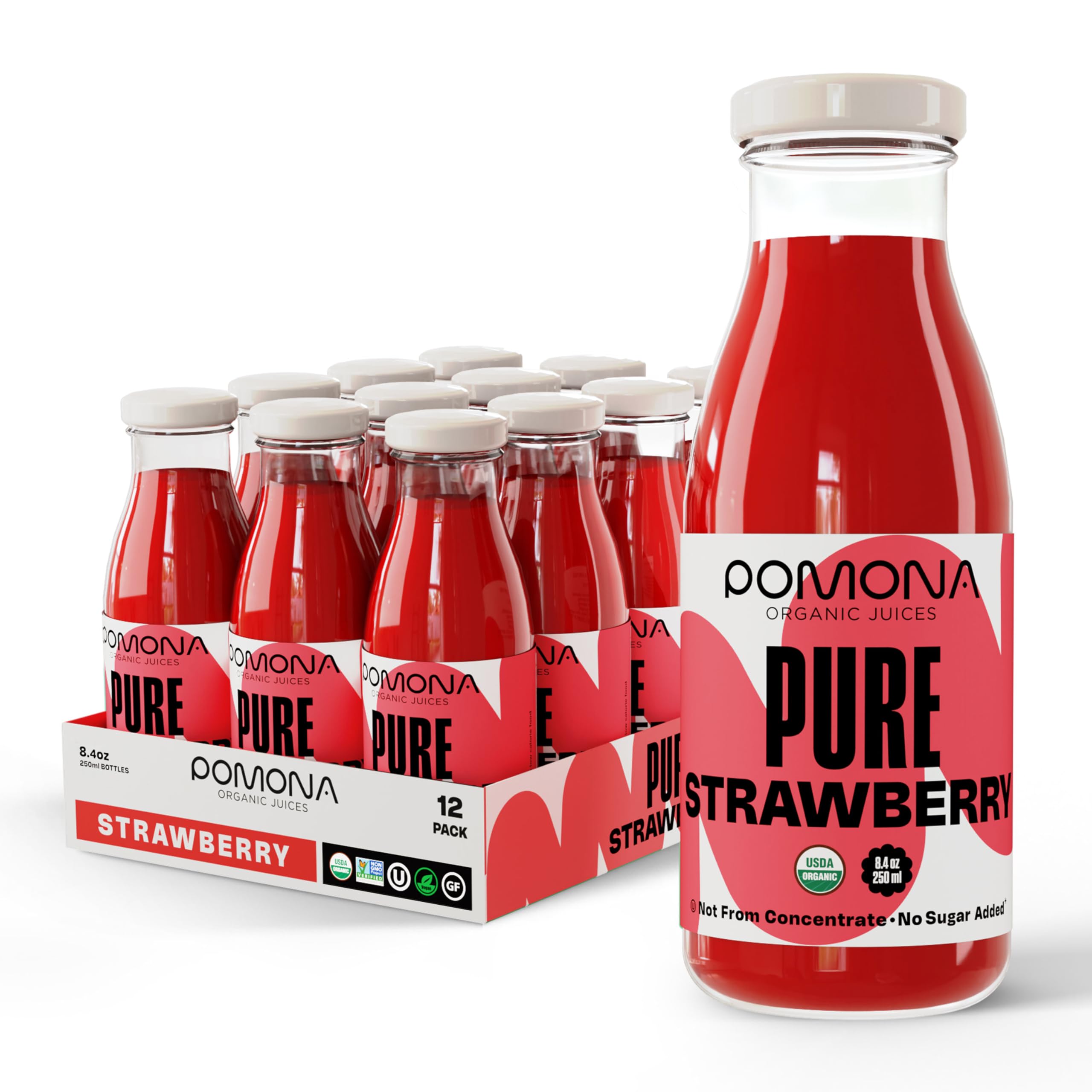 Pomona Organic Strawberry Juice bottle on table; portable refreshment on the go