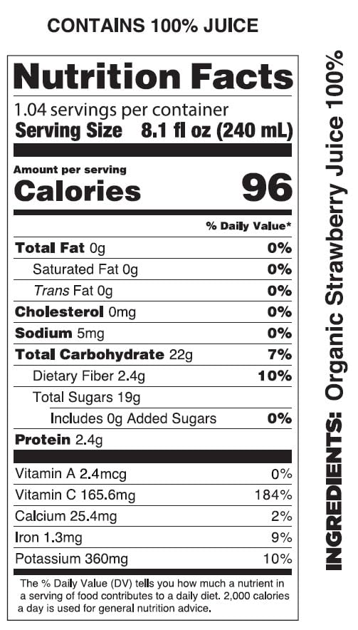 Pomona Organic Strawberry Juice label closeup; 100% strawberries, no added sugar
