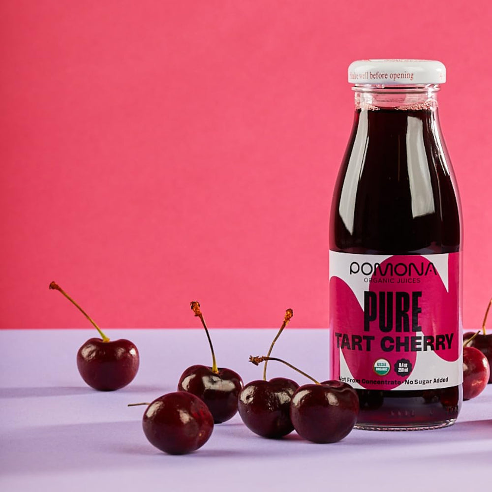 Pomona Organic Tart Cherry Juice glass bottle preserves cold-pressed goodness.