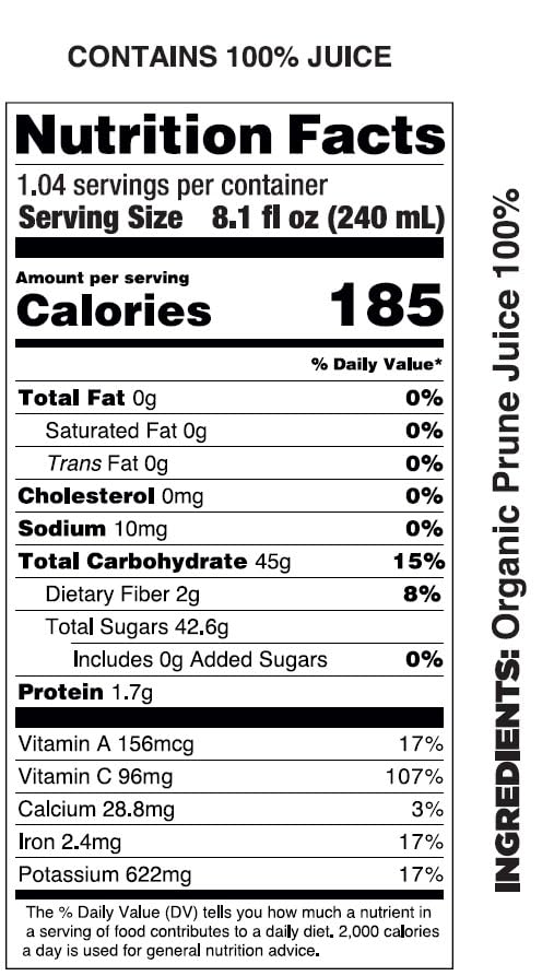 Pomona Prune Juice bottle side view, compact 8.4 oz packaging.