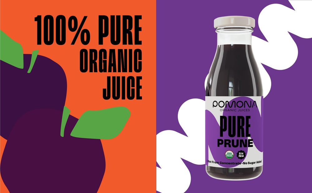 Pomona Prune Juice glass pour, ideal for smoothies or drinks.