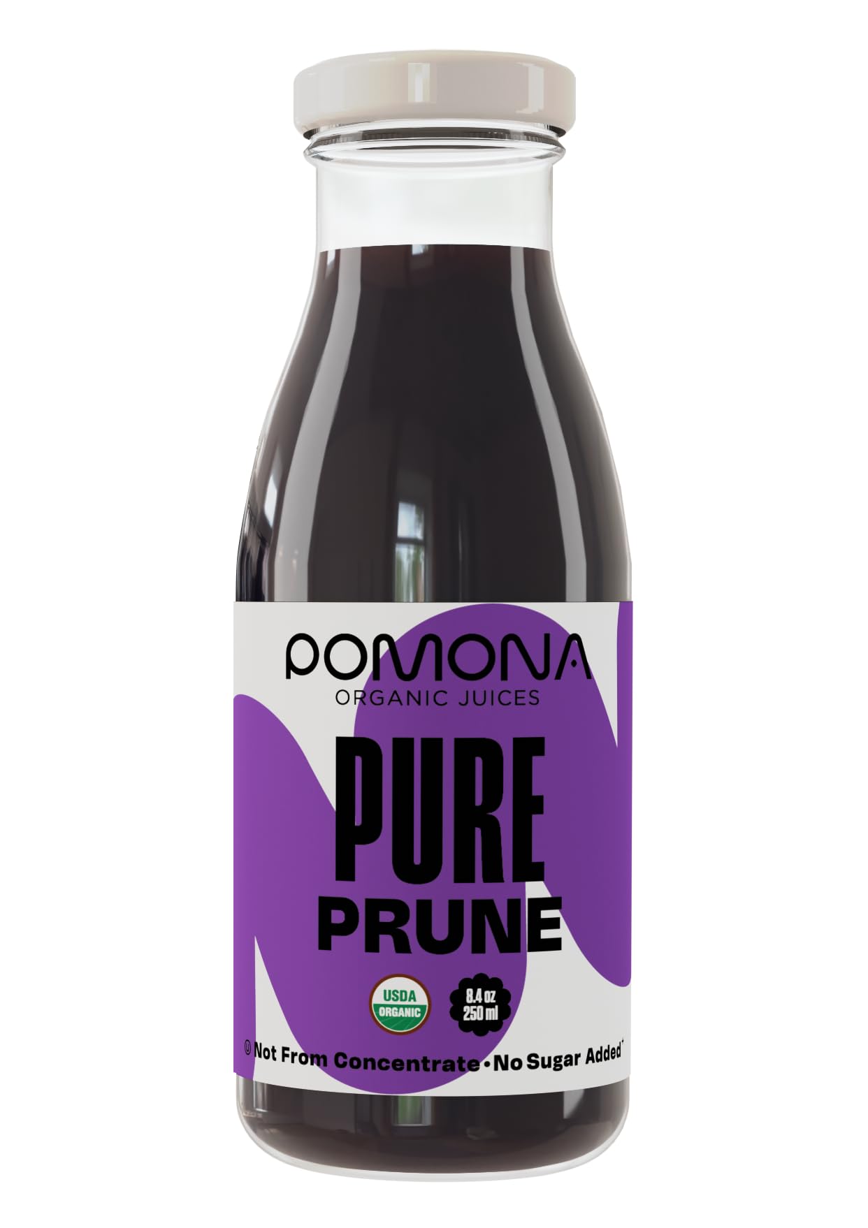 Pomona Prune Juice label detail, emphasizes organic and no sugar.