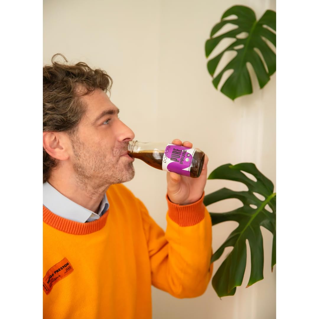 Pomona Prune Juice 12-pack bottles, eco-friendly glass packaging.