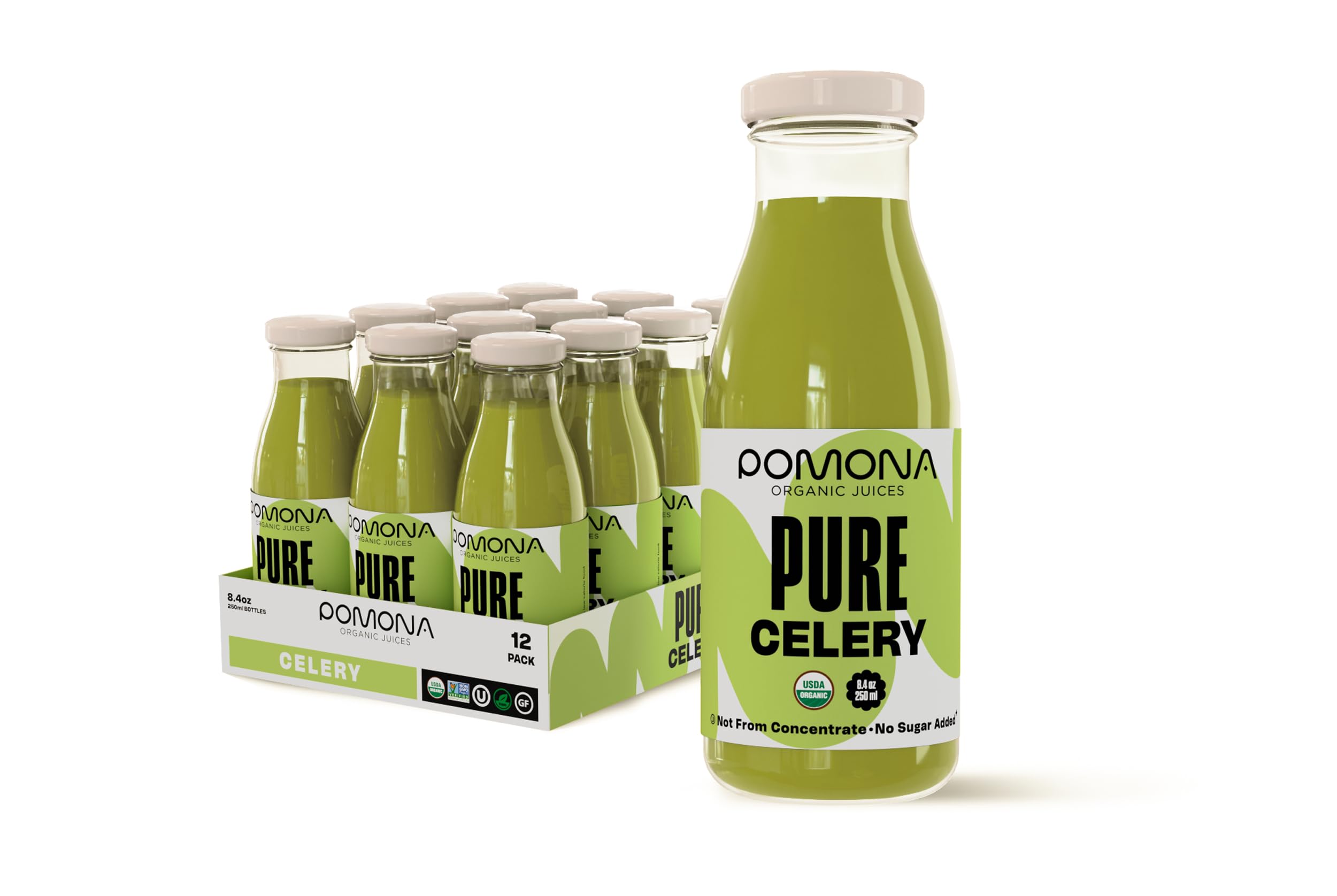 Pomona Pure Celery Juice in an 8.4 oz bottle with a refreshed, natural flavor.