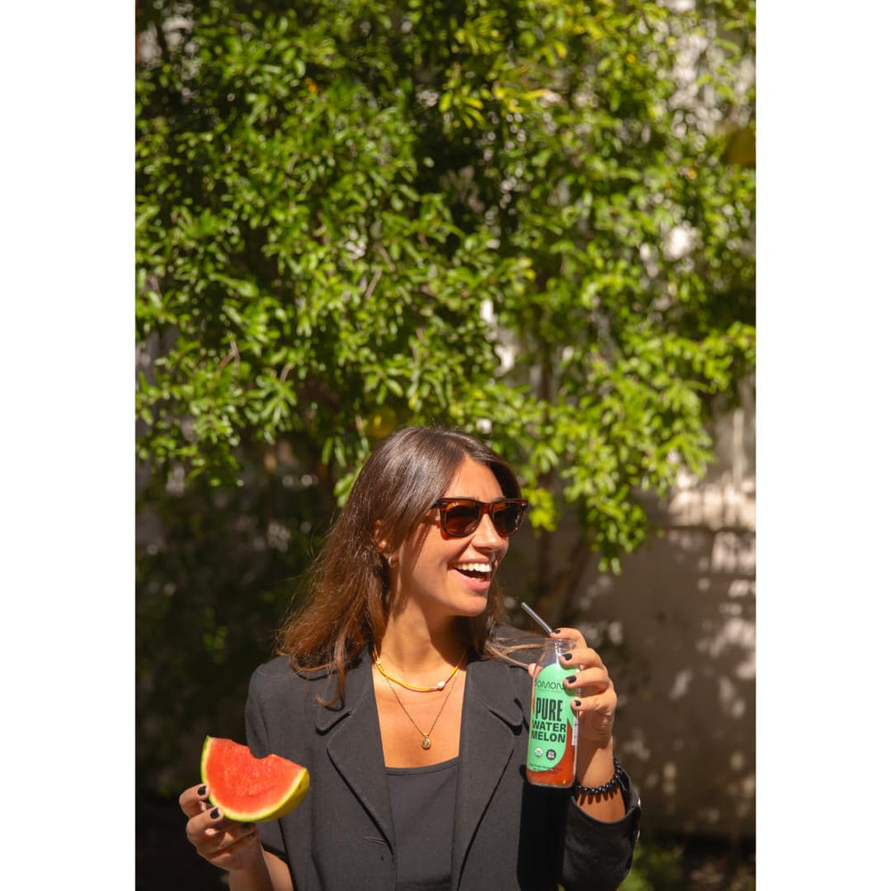 Close-up of Pomona Watermelon Juice label showing clean ingredients.