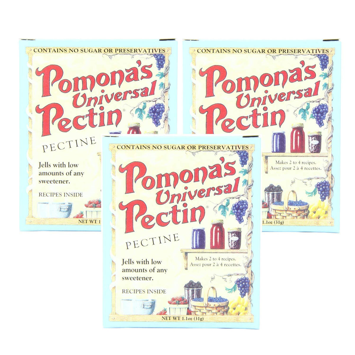 Pomona's Universal Pectin three-box set shown for homemade jams and jellies.