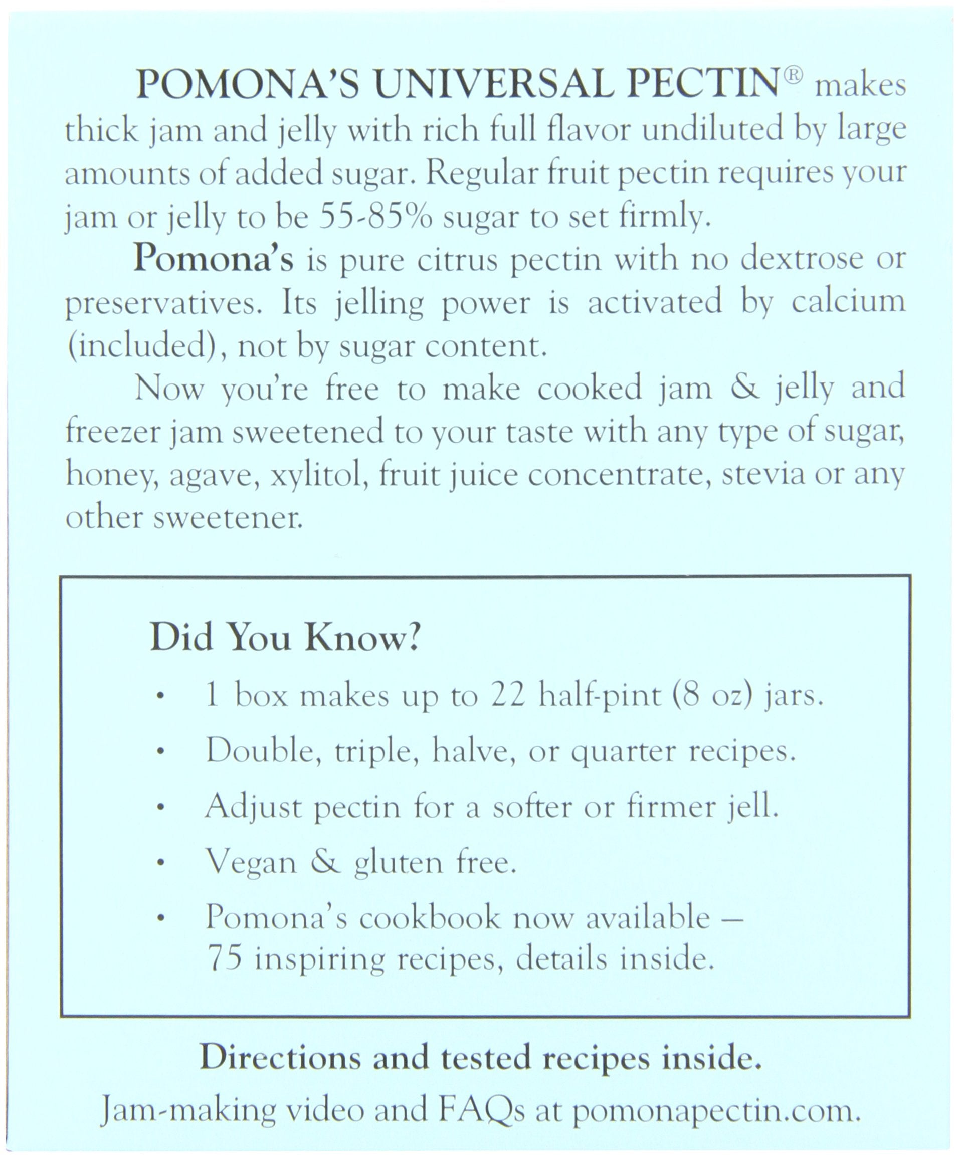 Close-up of Pomona's Universal Pectin label, signifying sugar-free, low-methoxyl formula for pantry use.