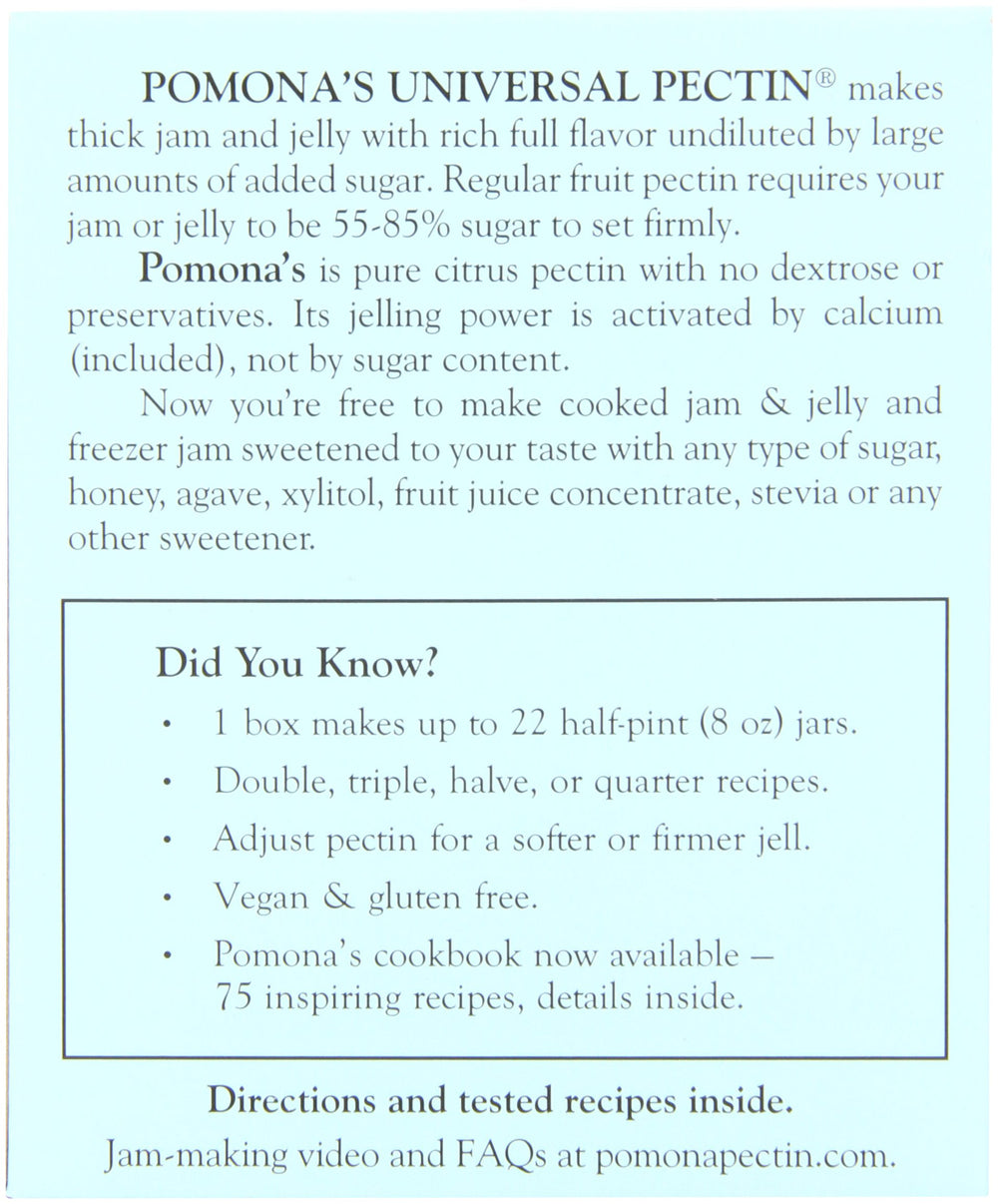 Close-up of Pomona's Universal Pectin label, signifying sugar-free, low-methoxyl formula for pantry use.