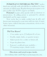 Close-up of Pomona's Universal Pectin label, signifying sugar-free, low-methoxyl formula for pantry use.