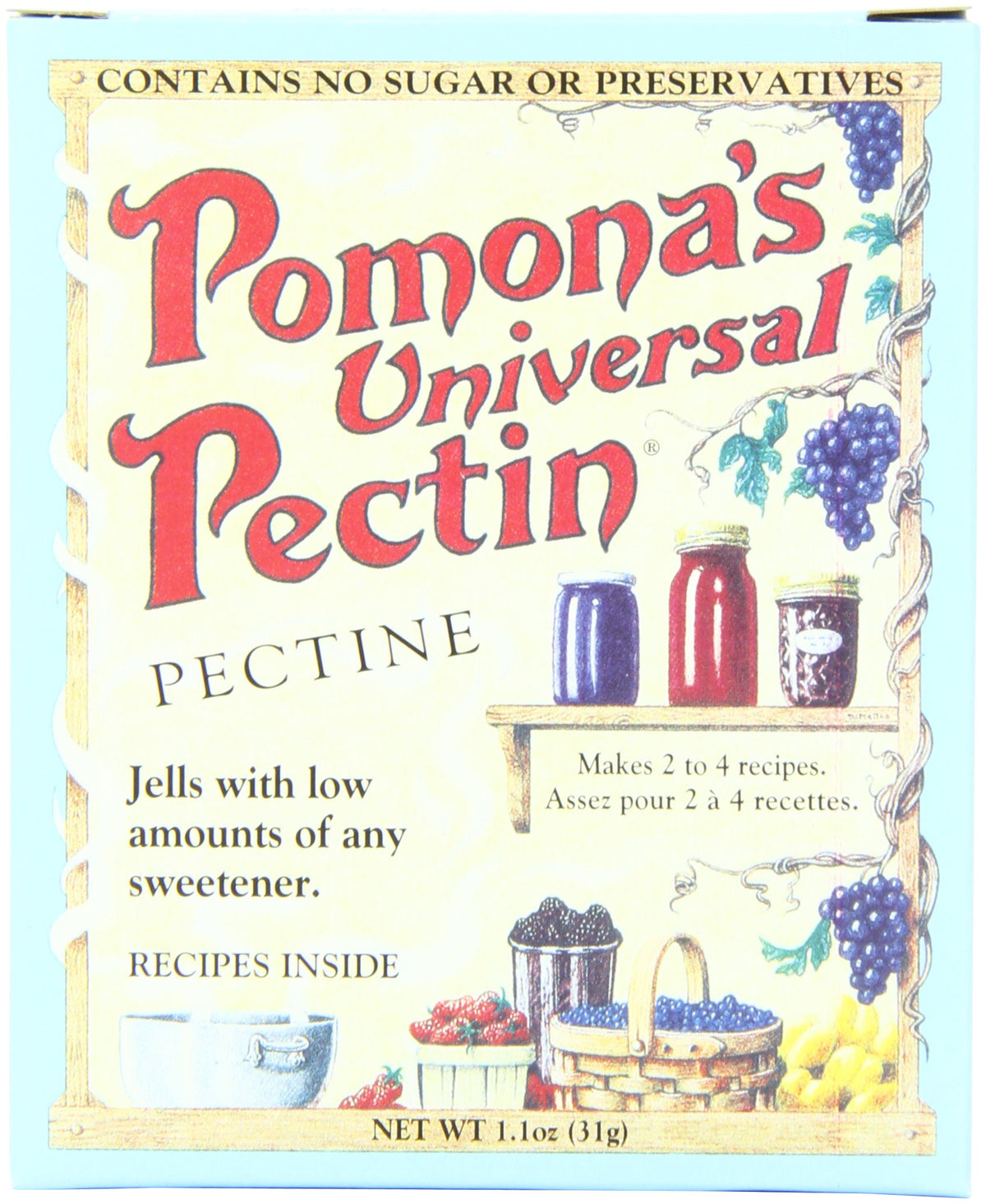 Pomona's Universal Pectin six-pack jars on a kitchen counter, ideal for fresh jam and jelly making.