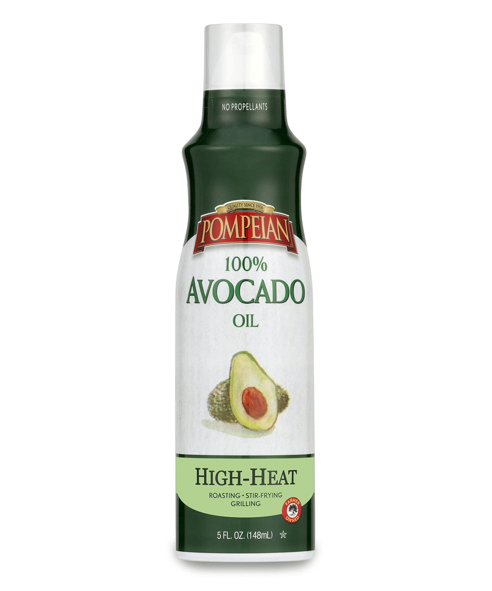 Pompeian Avocado Oil Cooking Spray with mildly nutty flavor for versatile cooking.