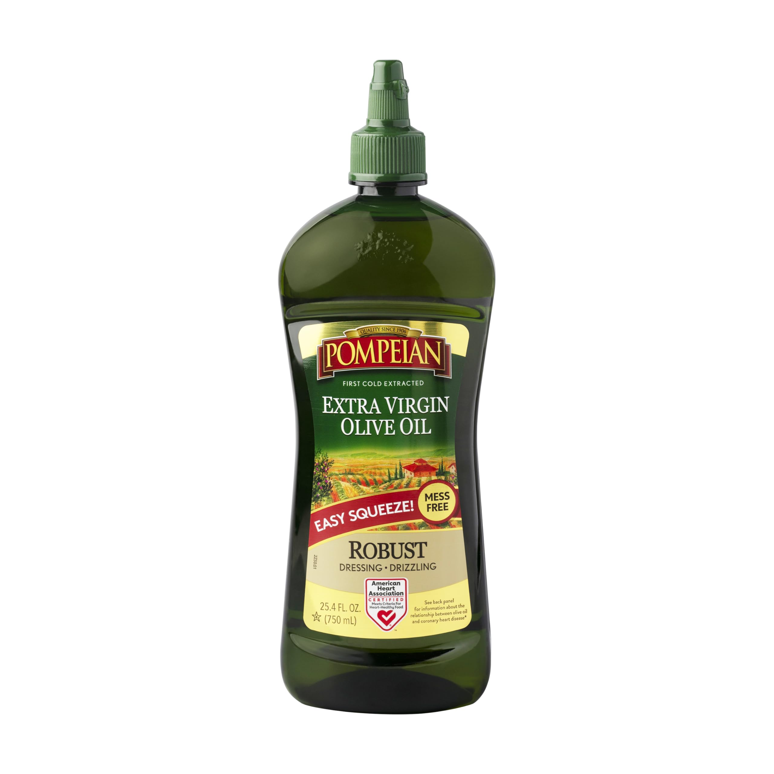 Pompeian Easy Squeeze Robust Olive Oil bottle for mess-free pouring in salads.